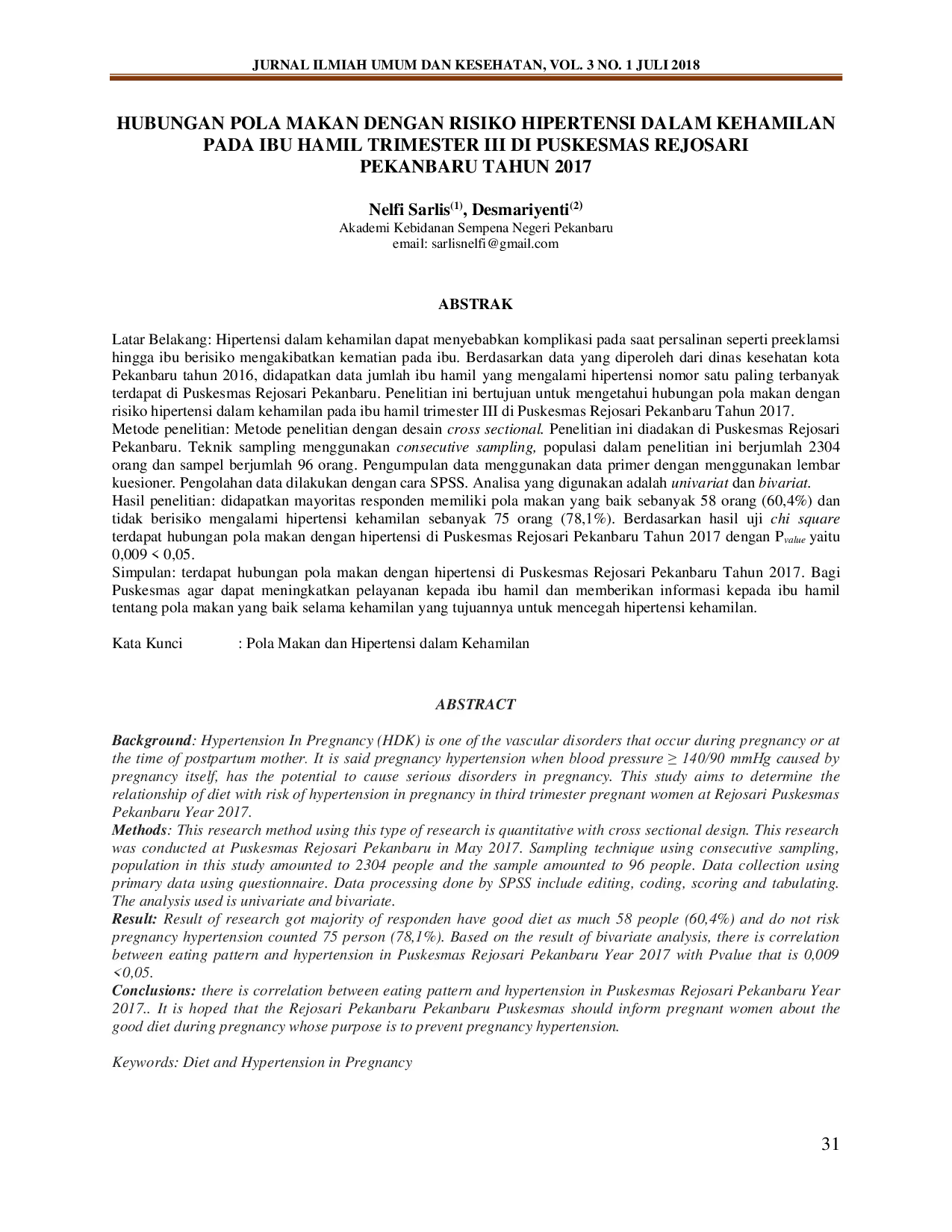 JURIS Hubungan Pola Makan Dengan Risiko Hipertensi Dalam Kehamilan Pada Ibu Hamil Trimester III Di Puskesmas Rejosari Pekanbaru Tahun 2017