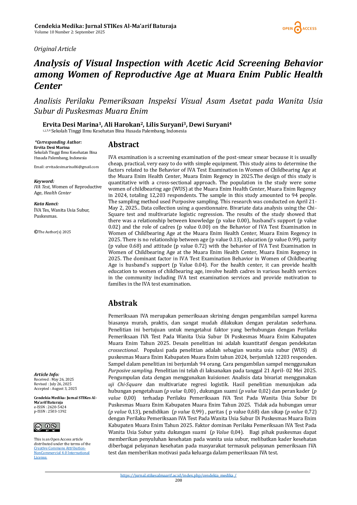 JURIS Analysis Of Visual Inspection With Acetic Acid Screening Behavior Among Women Of Reproductive Age At Muara Enim Public Health Center