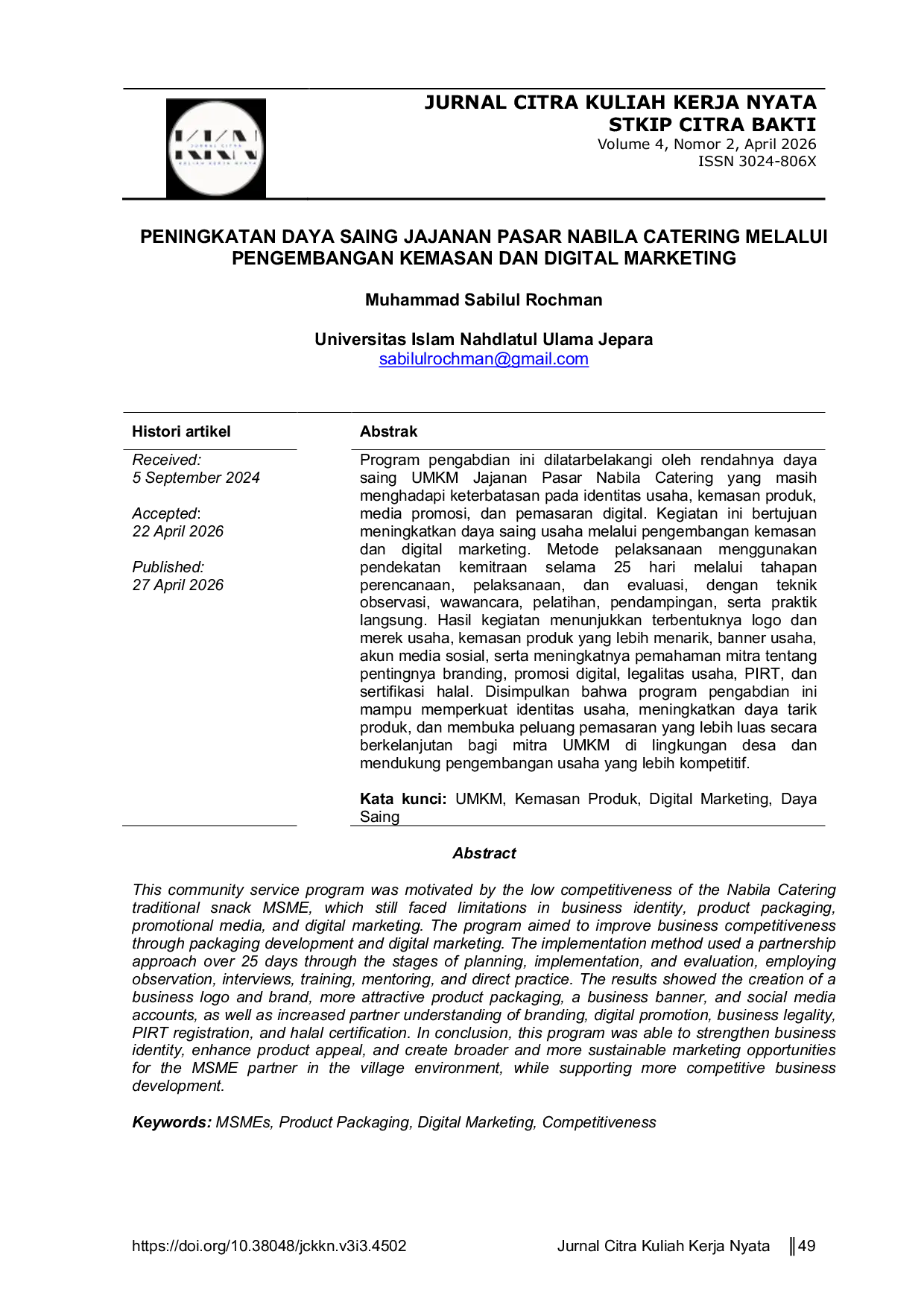 JURIS Peningkatan Daya Saing Jajanan Pasar Nabila Catering Melalui Pengembangan Kemasan Dan Digital Marketing