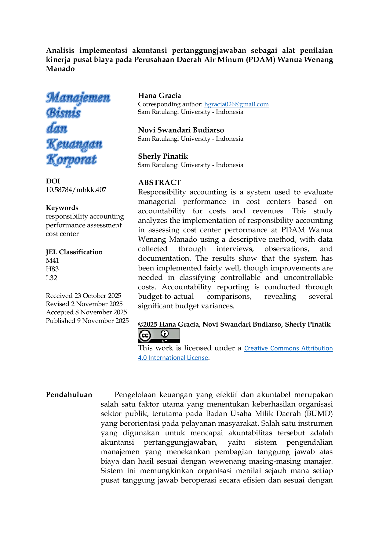 JURIS Analisis Implementasi Akuntansi Pertanggungjawaban Sebagai Alat Penilaian Kinerja Pusat Biaya Pada Perusahaan Daerah Air Minum PDAM Wanua Wenang Manado
