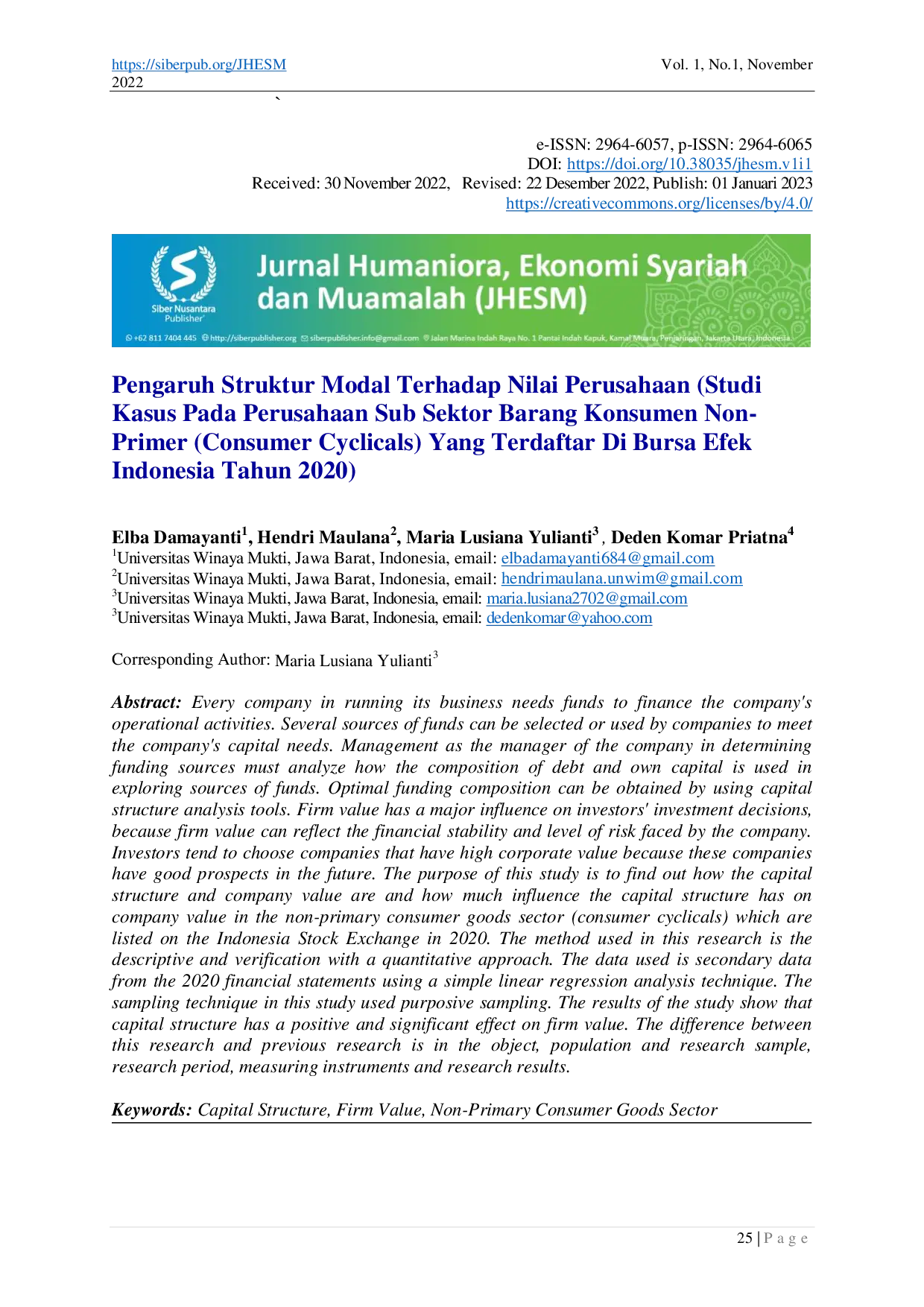 JURIS Pengaruh Struktur Modal Terhadap Nilai Perusahaan Studi Kasus Pada Perusahaan Sub Sektor Barang Konsumen Non Primer Consumer Cyclicals Yang Terdaftar Di Bursa Efek Indonesia Tahun 2020