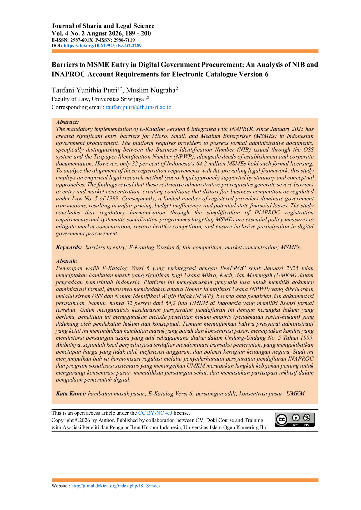 JURIS Barriers to MSME Entry in Digital Government Procurement An Analysis of NIB and INAPROC Account Requirements for Electronic Catalogue Version 6