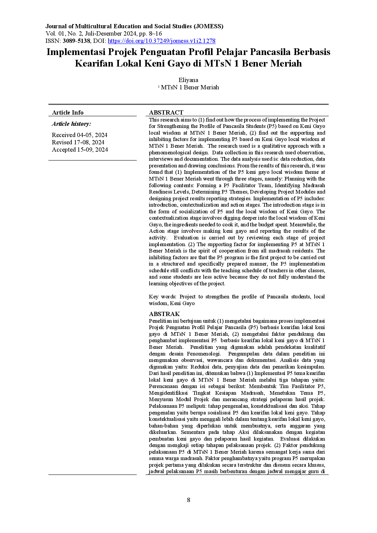 juris Implementasi Projek Penguatan Profil Pelajar Pancasila Berbasis Kearifan Lokal Keni Gayo di MTsN 1 Bener Meriah