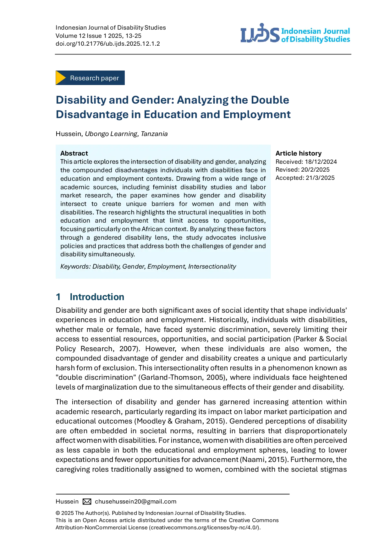 JURIS Disability and Gender Analyzing the Double Disadvantage in Education and Employment