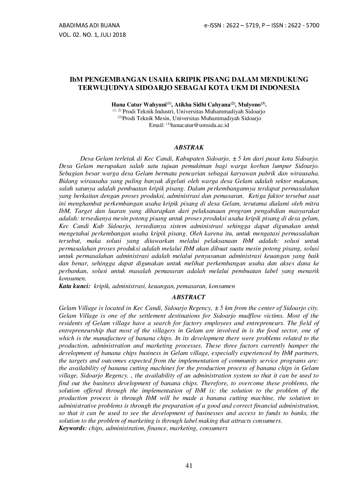 JURIS IbM PENGEMBANGAN USAHA KRIPIK PISANG DALAM MENDUKUNG TERWUJUDNYA SIDOARJO SEBAGAI KOTA UKM DI INDONESIA
