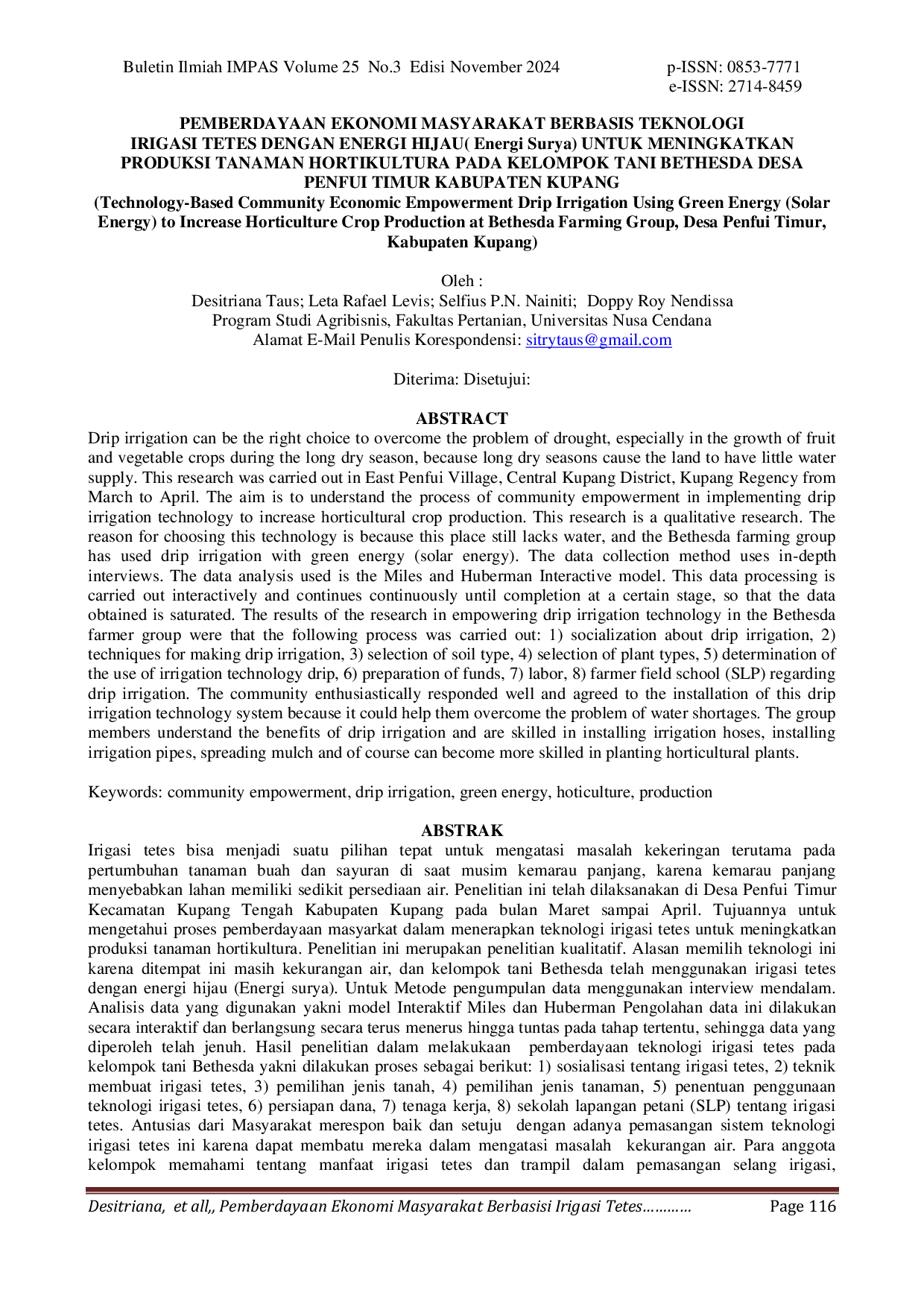 JURIS Pemberdayaan Ekonomi Masyarakat Berbasis Teknologi Irigasi Tetes Dengan Energi Hijau Energi Surya Untuk Meningkatkan Produksi Tanaman Hortikultura Pada Kelompok Tani Bethesda Desa Penfui Timur Kabup