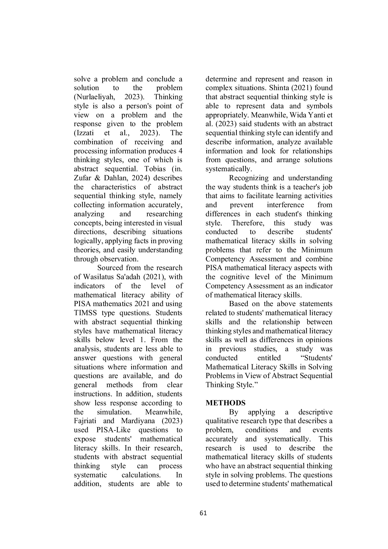 JURIS Students Mathematical Literacy Skills in Completing Questions in Terms of Abstract Sequential Thinking Style