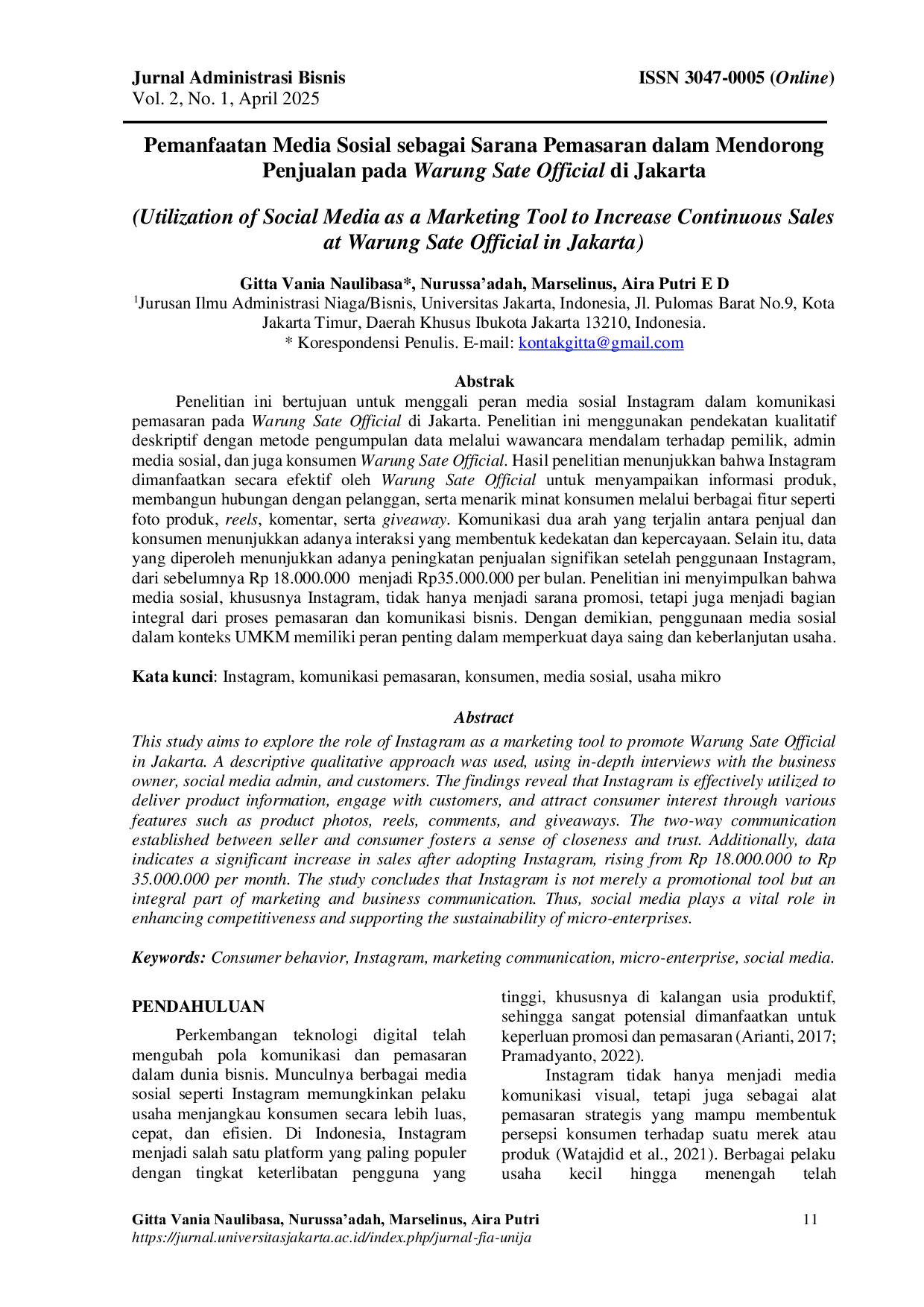 JURIS Pemanfaatan Media Sosial sebagai Sarana Pemasaran dalam Mendorong Penjualan pada Warung Sate Official di Jakarta