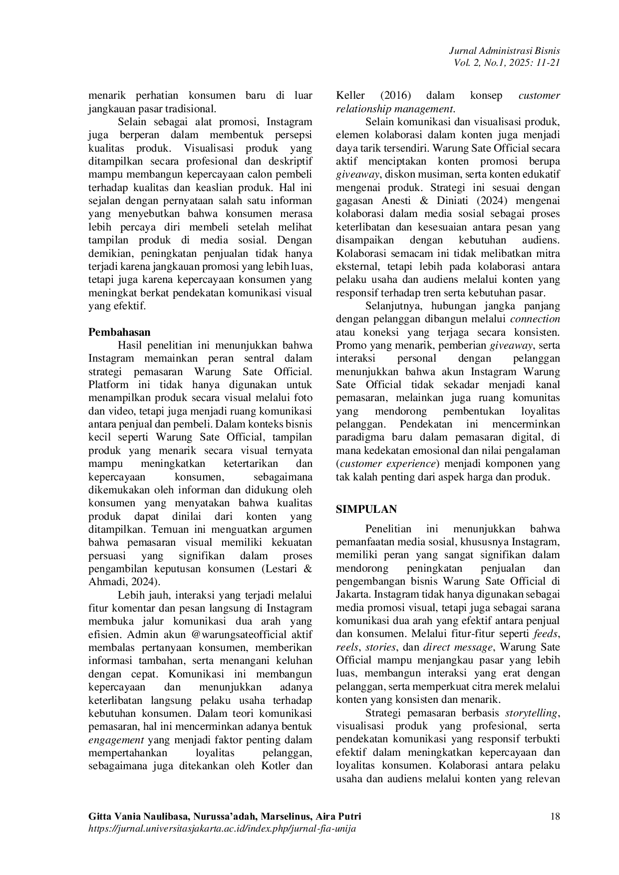 JURIS Pemanfaatan Media Sosial sebagai Sarana Pemasaran dalam Mendorong Penjualan pada Warung Sate Official di Jakarta