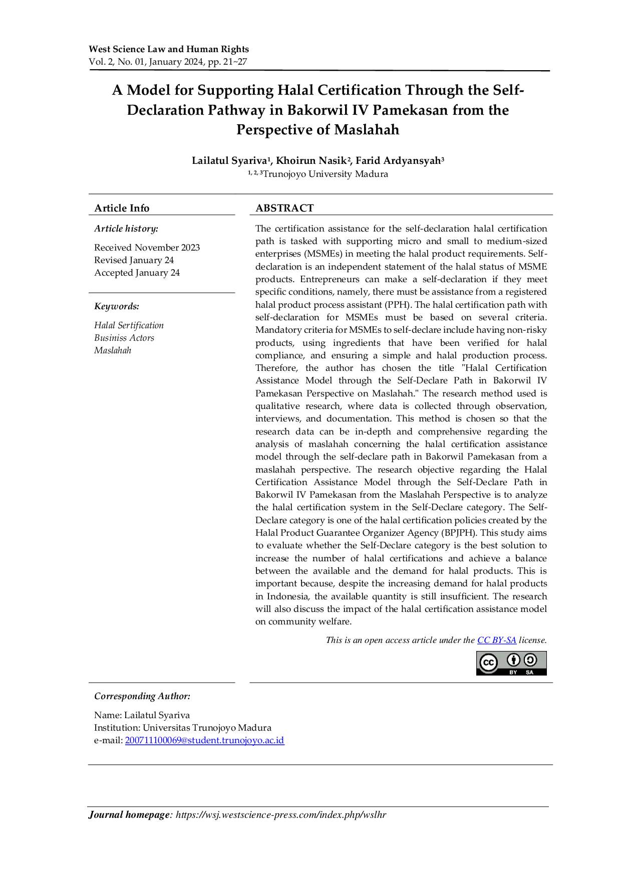 JURIS A Model for Supporting Halal Certification Through the Self Declaration Pathway in Bakorwil IV Pamekasan from the Perspective of Maslahah
