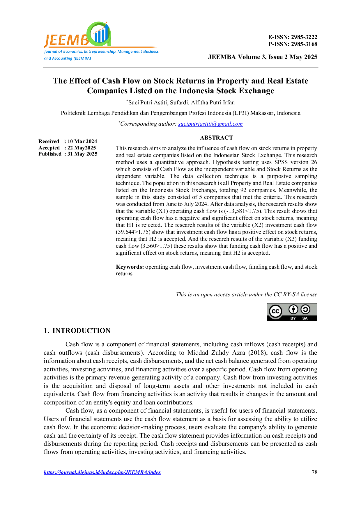 JURIS The Effect of Cash Flow on Stock Returns in Property and Real Estate Companies Listed on the Indonesia Stock Exchange