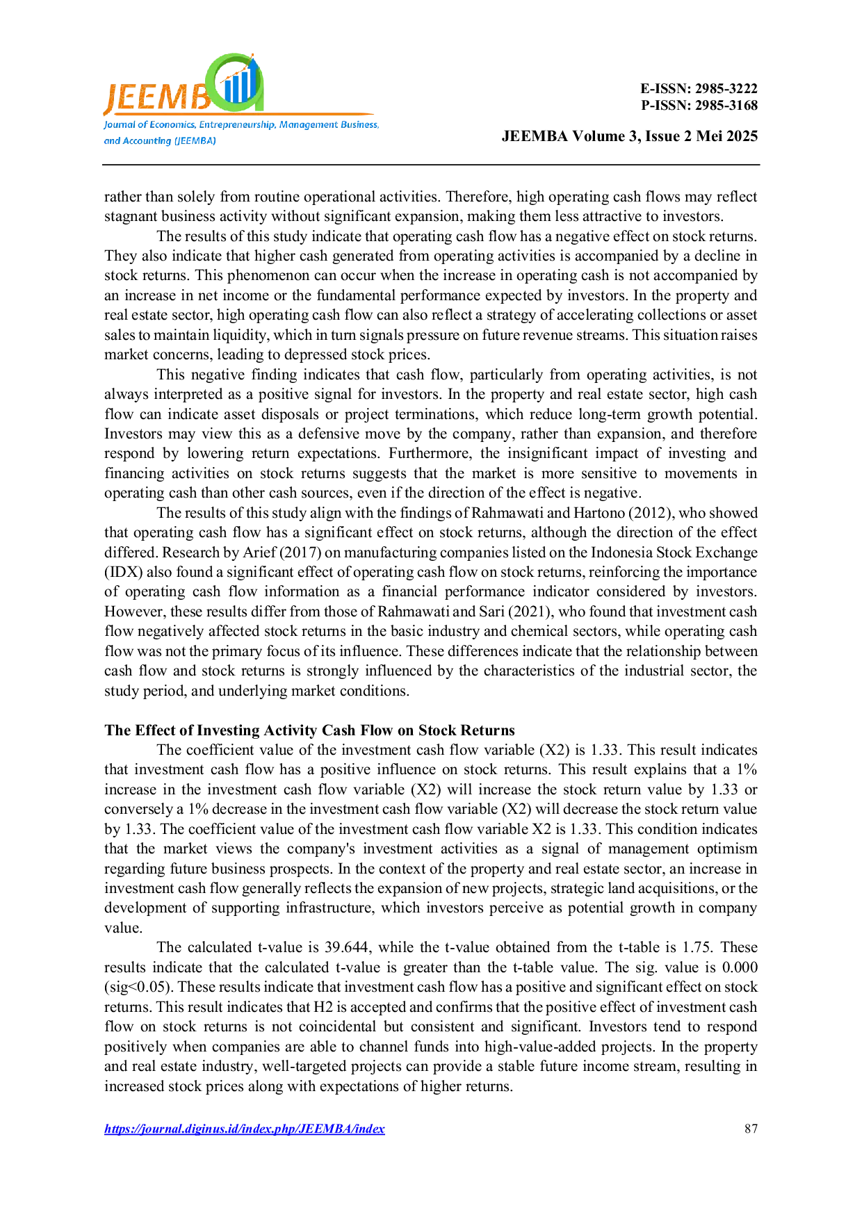 JURIS The Effect of Cash Flow on Stock Returns in Property and Real Estate Companies Listed on the Indonesia Stock Exchange