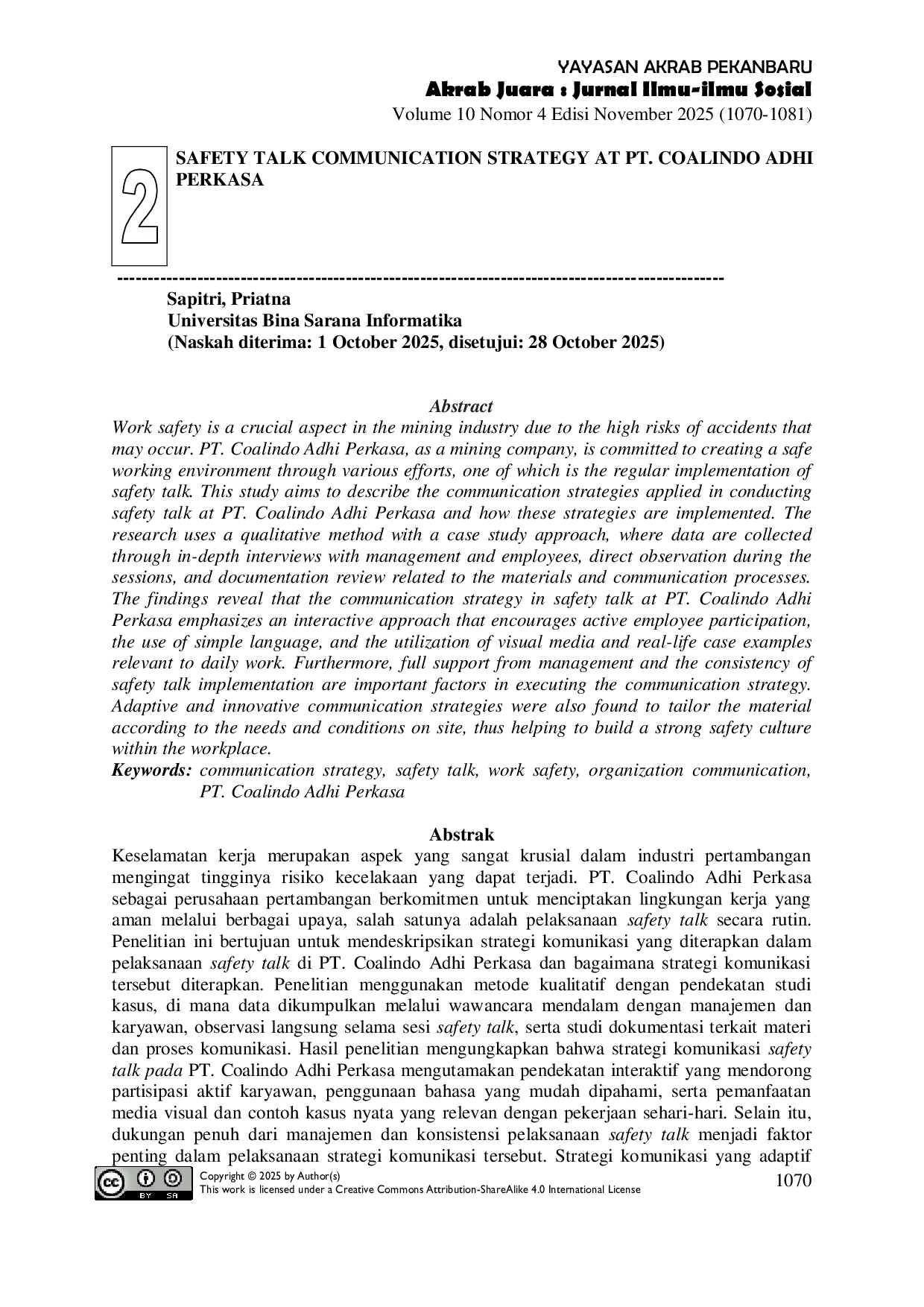 JURIS Safety Talk Communication Strategy At PT Coalindo Adhi Perkasa