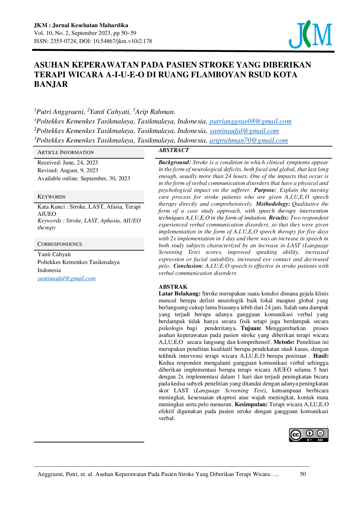 JURIS Nursing Care For Stroke Patients Given A I U E O Speech Therapy In The Flamboyan Room Of Banjar City Hospital