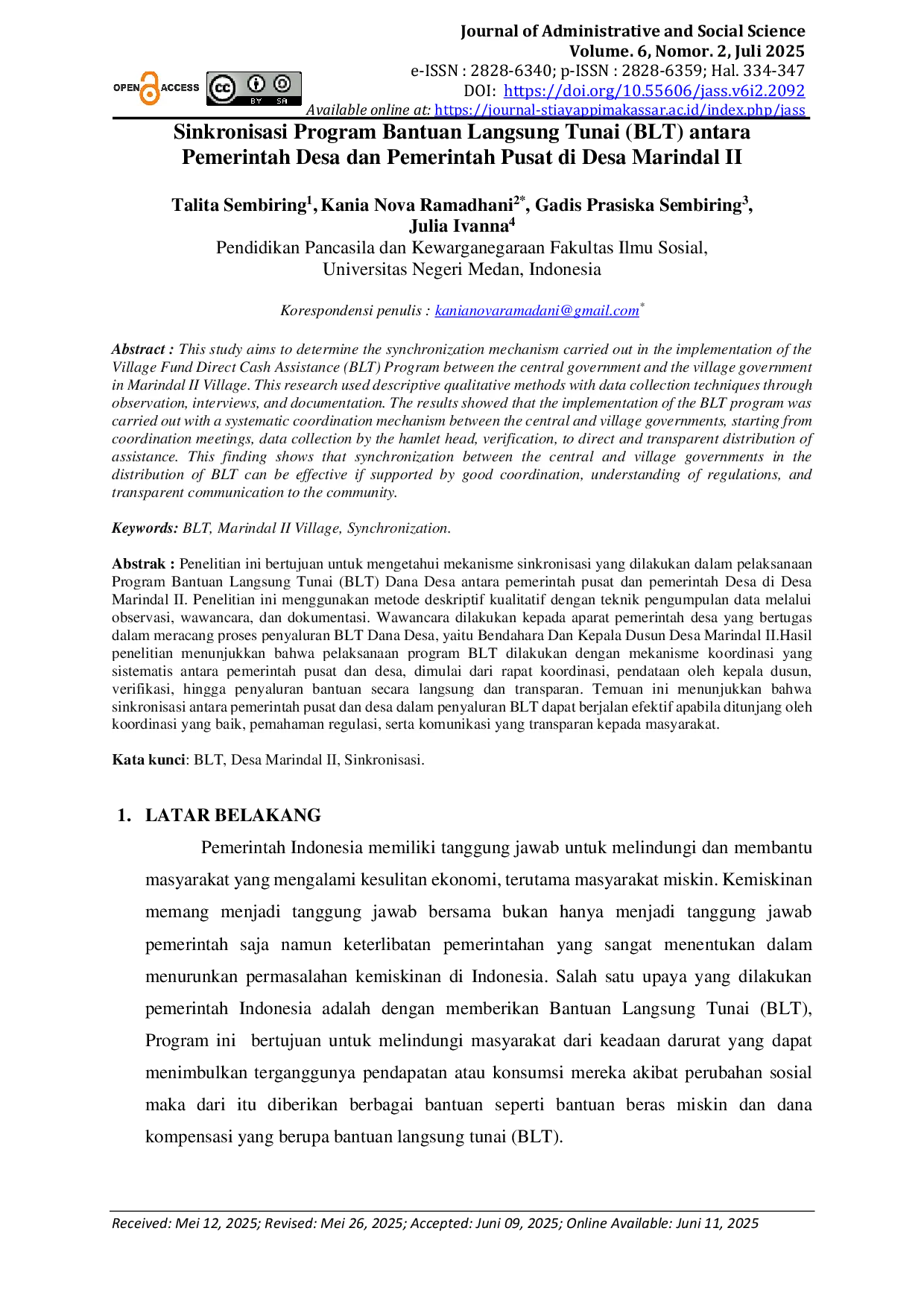 JURIS Sinkronisasi Program Bantuan Langsung Tunai BLT antara Pemerintah Desa dan Pemerintah Pusat di Desa Marindal II