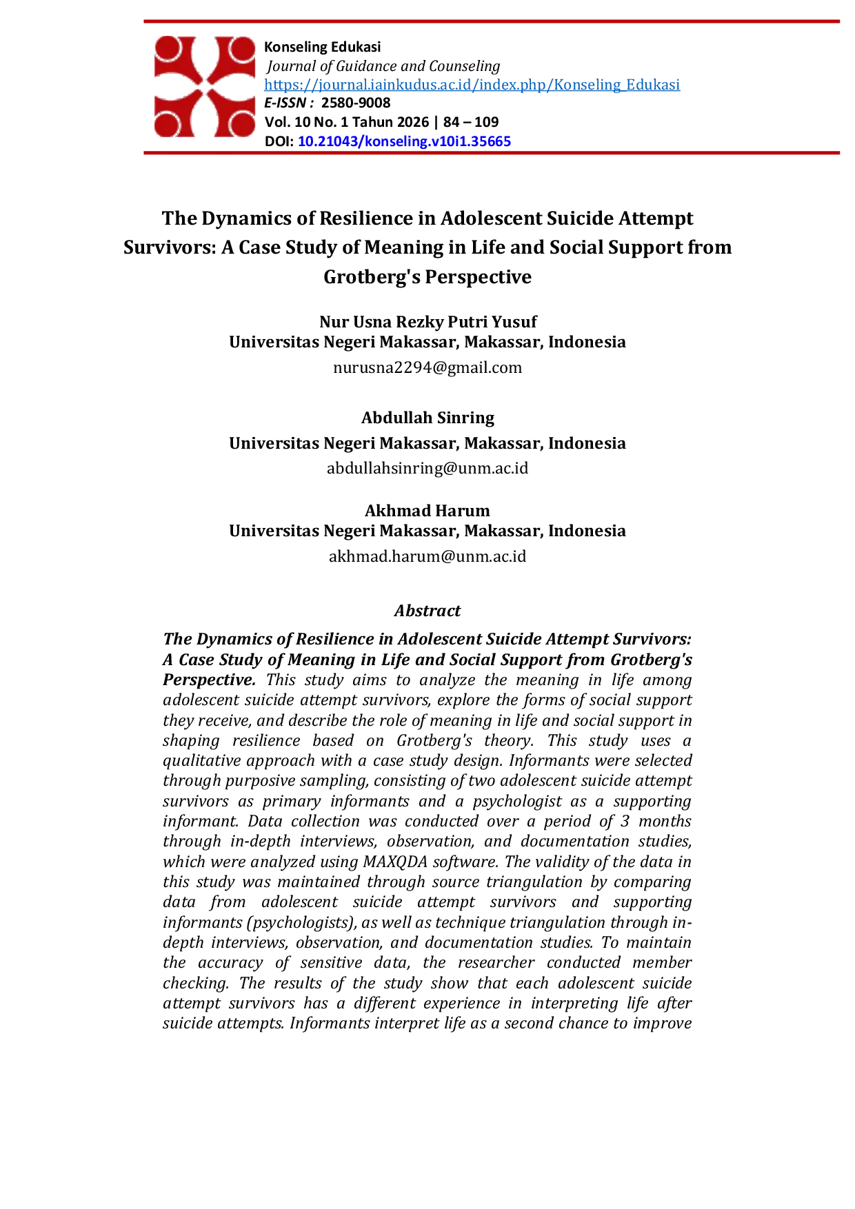 JURIS Analisis Makna Hidup dan Dukungan Sosial terhadap Resiliensi Remaja Penyintas Percobaan Bunuh Diri di Kota Makassar Perspektif Teori Grotberg